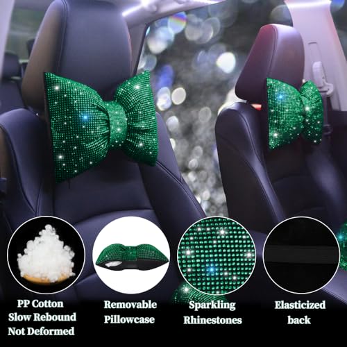 Bling Car Pillows Rhinestones Bowknot Neck Cushion Pillowsdiamond-Studded Headrest Accessories for Women Colourful Rhinestone Car Accessories Green 2Pcs - color: Green