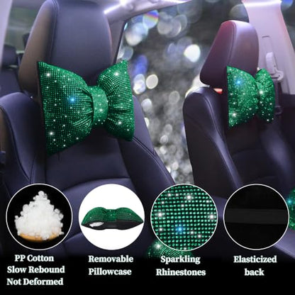 Bling Car Pillows Rhinestones Bowknot Neck Cushion Pillowsdiamond-Studded Headrest Accessories for Women Colourful Rhinestone Car Accessories Green 2Pcs - color: Green
