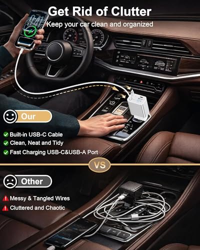 Retractable Car Phone Charger USB C, 4 in 1 Fast Car Charging Adapter with 2 Flexible USB C Cable for iPhone 17e 17 Samsung S26 Android, USBC Cigarette Lighter Gift for Men Android Auto Adapter - color: Reatractable Car Charger-White