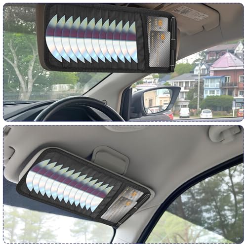 Car CD Holder DVD Vehicle Visor Storage Organizer Black Large Capacity CD Visor Case with 12 DVD Storage Sleeves, 1 Mesh Pocket, 1 Pen Loop & Elastic Strap