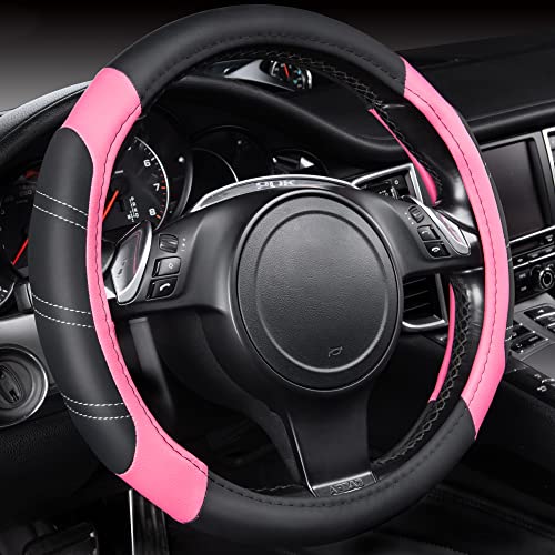 CAR PASS Line Rider Microfiber Leather Sporty 14.5-15 inch Steering Wheel Cover Universal Fits for 95% Truck,SUV,Cars, Anti-Slip Safety Comfortable Design (Black Pink) - color: Black＆ Pink, size: Standard[14.5"-15"]