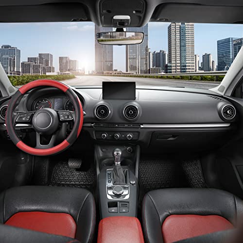 SEG Direct Car Steering Wheel Cover for Prius Civic Model 3 Model Y Camaro, Small Size 14-14.25 inch, Black and Red Microfiber Leather - color: Black and Red, size: Small size[14''-14 1/4'']