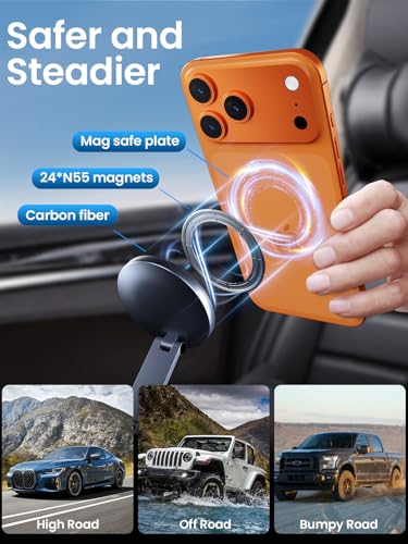 Magnetic Car Phone Holder for Magsafe, Alloy 360° Folding Cell Car Phone Mount with Ultra Stable Suction Cup and Reusable Gel, Dashboard Windshield Stand for iPhone 17-12 Android Pixel Samsung