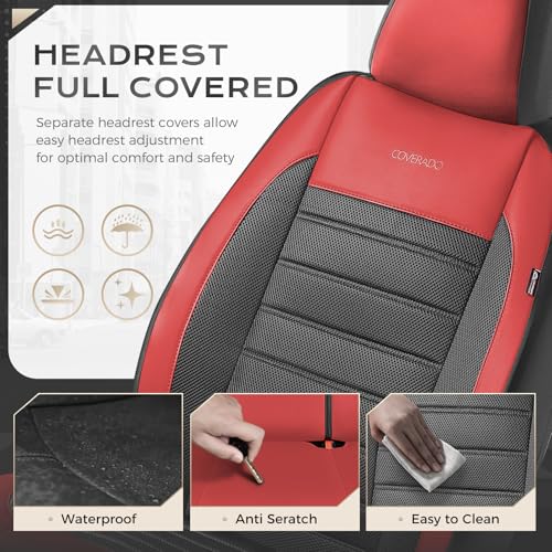 Coverado Car Seat Covers Front Seats, Luxury Leather Car Seat Covers, Automotive Mesh Seat Covers 2 Pack, Airbag-Compatible, Black Red Seat Covers for SUV Sedan Truck - color: Red&Black, size: Frontpair