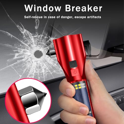 Car Glass Breaker Hammer with Flashlight, Multi-Function Rechargeable Emergency Escape tools with Window Breaker and Seatbelt Cutters,Bright Solar Torch， RescueAlarm Rescue, Strobe SOS Beacon - color: Red Metallic