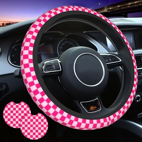 Chessboard Pink Steering Wheel Cover Pink Chessboard Steering Wheel Cover Racing Flag Breathable Universal for 15 Inch Anti-Slip Car with 2 Pieces Car Coasters Suitable for Men Women Chessboards - color: Chessboard pink