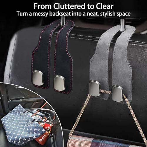 2Pcs Car Headrest Hooks with Premium Leather, Upgraded Double Metal Hooks with Anti-Drop Design, Universal Back Seat Hanger for Bags, Coats, Purses and Groceries (Stylish Gray) - color: Stylish Gray 2Pcs