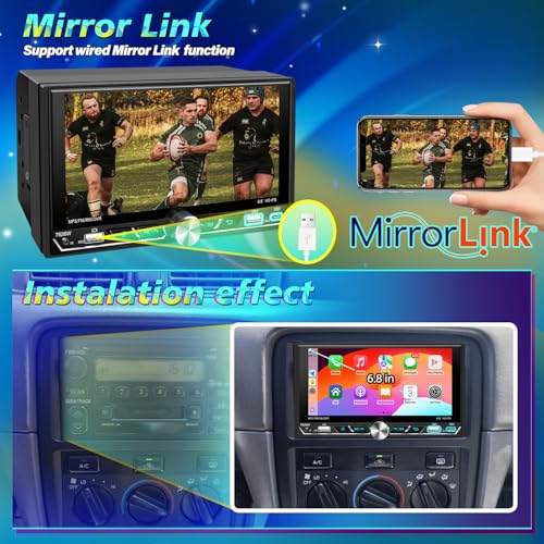 Double Din Car Stereo 6.8" Touch Screen with Apple CarPlay & Android Auto, Physical Knob Control, Bluetooth 5.0, Wireless Apple Car Play Radio, MirrorLink, FM/AM, Backup Camera, USB/Type-C