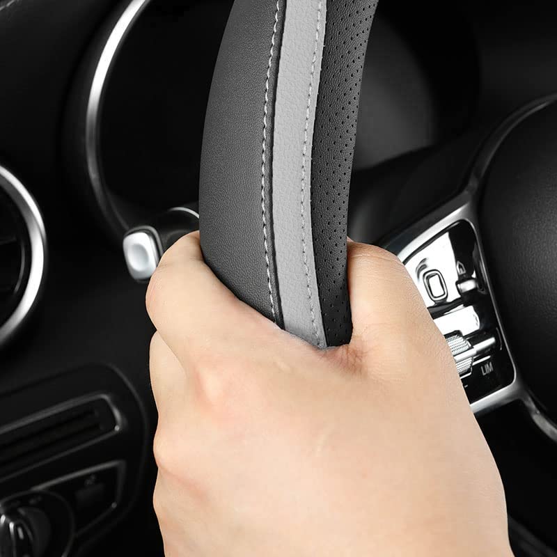 Car Steering Wheel Cover, Leather Steering Wheel Cover Grey Universal 14.5-15 Inch Microfiber Leather Anti-Slip Breathable Auto Steering Wheel Covers for Men Women (Black&Grey) - color: Grey