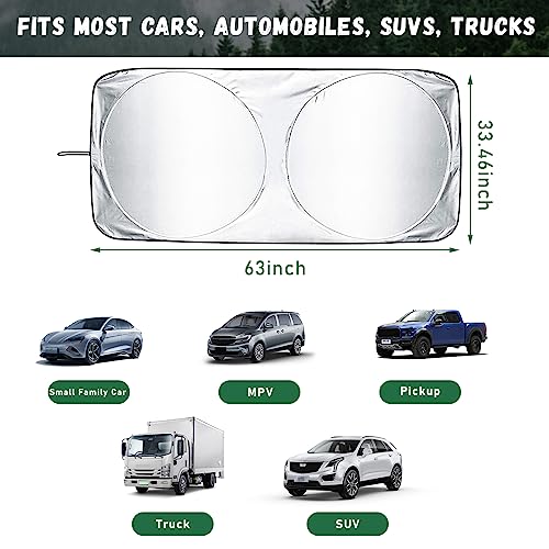Kewucn Car Windshield Sun Shade with Storage Pouch, Foldable Reflector Automotive Front Window Sunshade Cover, UV Rays and Sun Heat Protection, Suitable for Most Car, Truck, SUV (L-63''×33.46'') - size: L-63''×33.46''
