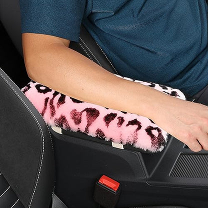 Genuine Sheepskin Center Console Cover Pad Genuine Furry Fluffy Wool Fur Car Armrest Cover Protector Universal Fit for SUV/Truck/Car - color: Shearling-Pink Leapord