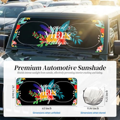 63"x28.5" Car Windshield Sun Shade with Storage Pouch, Stylish Printed Front Window Sunshade with Double Ring Frame, Universal Fit Foldable Heat Blocker & UV Protector for SUV, Sedan (Good Vibes) - color: Good Vibes