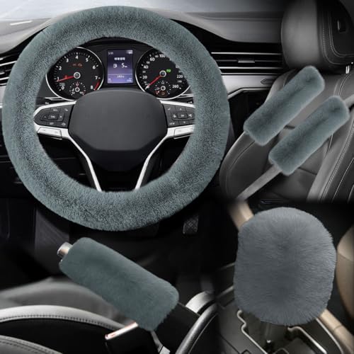 5PCS Fluffy Car Steering Wheel Cover Set, Includes Faux Fur Gear Shift Cover & Handbrake Cover & Steering Wheel Protector & 2 Seat Belt Shoulder Pads, Winter Fuzzy Warm Car Accessories (Grey) - color: Grey