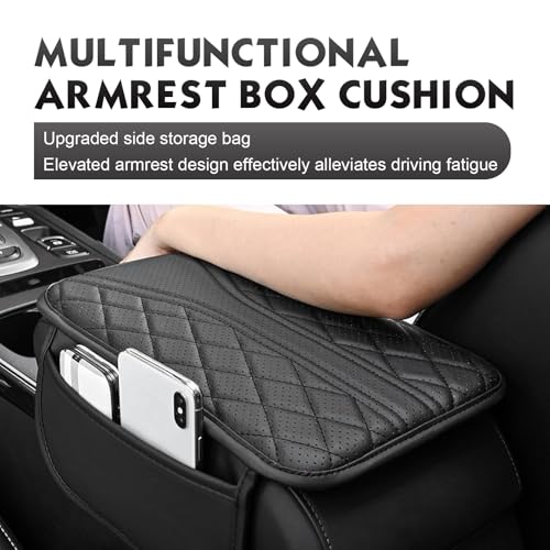 Car Center Console Cover, Leather Automotive Armrest Cushion with 2 Storage Bags, Breathable Armrest Cover, Universal Waterproof Arm Rest Protection Pad for SUV, Sedan, Truck (Black) - color: Black