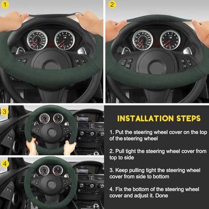 Suede Steering Wheel Cover with Upgraded Silicone Inner Ring, Breathable, Anti-Slip, Leather Universal 14.5 to 15 Inch Steering Wheel Cover (Green with Embossing Pattern) - style: Green with Embossing Pattern