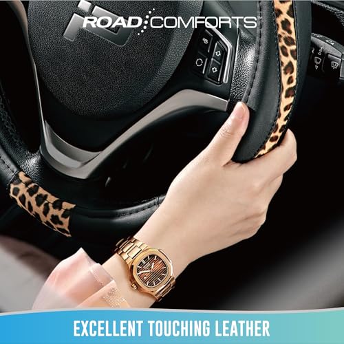 Road Comforts Steering Wheel Cover - Made with PVC Leather and Leopard Fabric - Universal 14 1/2 inches to 15 inches for Most Automotive Steering Wheel - Cheetah Print - Black - color: Round-Black