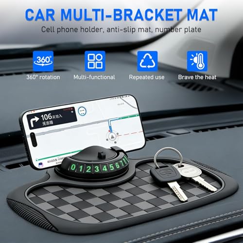 Multifunction Car Anti Slip Dashboard Mat with 360° Rotatable Phone Holder, Temporary Parking Number, Organizer for Phone Sunglasses Keys (Black) - color: black