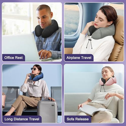 Neck Travel Pillow, Upgraded Memory Foam Pillow for Airplane, Machine Washable, Adjustable Flight Pillow, Suitable for Sleeping Airplane, Car, Office and Home (Blue) - color: Blue