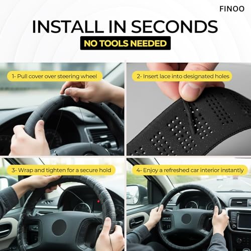 Black Lace-On Steering Wheel Cover, 14–15 Inch Universal Fit, Retro Classic Style for Cars Trucks SUVs, Stretch Grip,Accessory Auto Vehicle, DIY Install