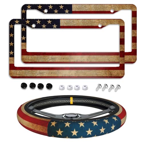 American Flag USA License Plate Frame 2pc Vintage American Flag USA License Plate Frame Steering Wheel Cover Steering Wheel Cover Cars Aluminum with Fits Standard Us Ca Vehicles - color: American Flag Usa