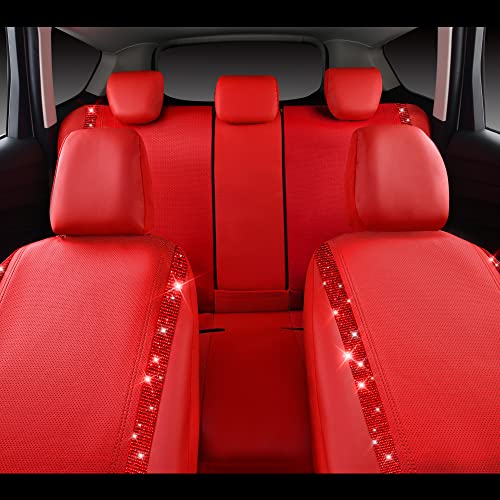 CAR PASS Bling Diamond Car Seat Covers Full Set, Shining Rhinestone Waterproof Faux Leather, Rear with Zipper, Universal Fit Automotive Glitter Crystal Sparkle Strips for Cute Women Girl, Red - color: Red Leather, size: Full Set