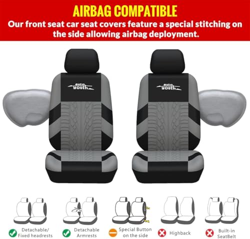 AUTOYOUTH Gray Seat Covers Front Seats Only, 3D Tyre Embossed Breathable Bucket Covers, Airbag Compatible, Quick Setup Universal Fit for Sedan, SUV, Truck, Van - color: Gray & Black, size: Front Seats Only (4 pieces)