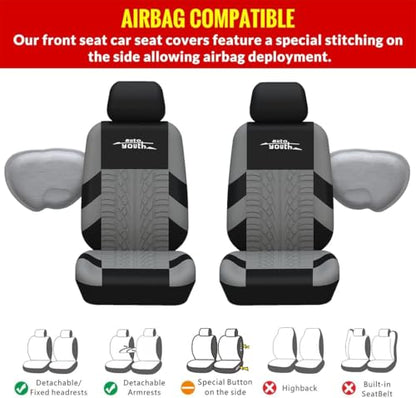 AUTOYOUTH Gray Seat Covers Front Seats Only, 3D Tyre Embossed Breathable Bucket Covers, Airbag Compatible, Quick Setup Universal Fit for Sedan, SUV, Truck, Van - color: Gray & Black, size: Front Seats Only (4 pieces)