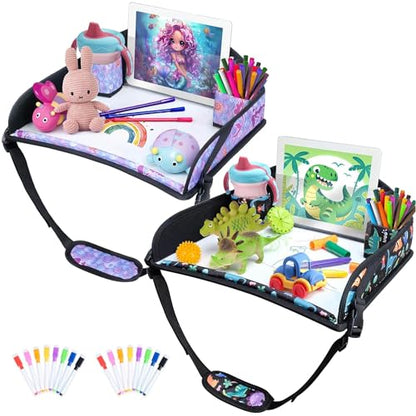 2Pcs Kids Travel Tray for Toddler Carseat, Road Trip Activities Essentials for Toddler, Kids Lap Desk Tray with Tablet Holder Stand ＆ Dry Erase Board (Dinosaur & Mermaid) - color: Dinosaur & Mermaid