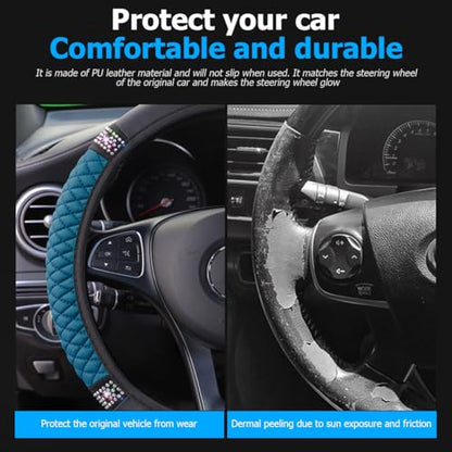 Osilly Bling Car Steering Wheel Cover, 15 Inch Rhinestones Soft Leather Elastic Steering Wheel Protector, Sparkly Crystal Diamond for Women Girls (Black Green) - color: Black Green