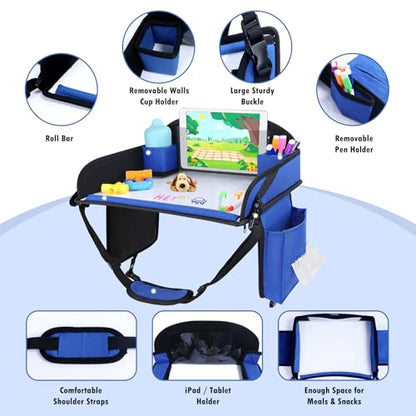 Kids Travel Tray for Airplane - Toddler Car Seat Table Tray, Road Trip Essentials for Boys & Girls, Carseat Lap Desk for Kids Road Trip Activities(Navy Blue) - color: Navy Blue