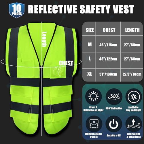 10 Pcs Reflective Safety Vest with Pockets and Zipper High Visibility Vest for Women Men Work, Construction, Cycling - size: Large