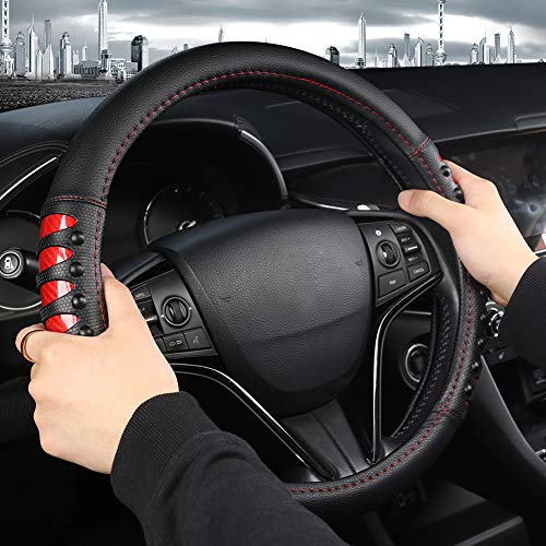 West Llama Microfiber Leather Car Steering Wheel Cover for Men Women,Universal Fit 14.5-15 inch(Leather Nails-Red+Black-Standard Size) - color: C-Red+Black, size: Standard size (14 ½''-15'')