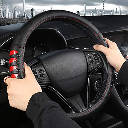 West Llama Microfiber Leather Car Steering Wheel Cover for Men Women,Universal Fit 14.5-15 inch(Leather Nails-Red+Black-Standard Size) - color: C-Red+Black, size: Standard size (14 ½''-15'')