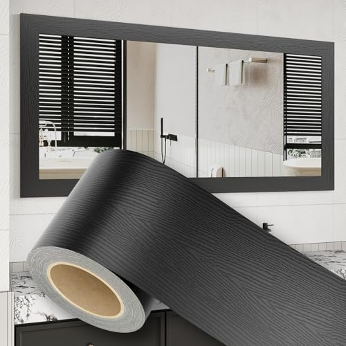 10M Peel and Stick Wallpaper Borders 390” x 4” Self Adhesive Mirror Frame Border Wood Grain DIY for Kitchen Bathroom Mirror Removal Border Sticker Wall Decor Cover 10.8 Sq.Ft, Black Wood - color: Black Wood, size: 4" x 390"