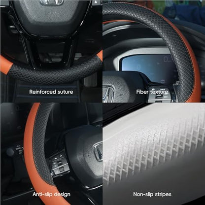 LABBYWAY Car Steering Wheel Cover, Leather, Universal 15 Inch Fit, Anti-Slip & Odor-Free,Brown - color: black&brown