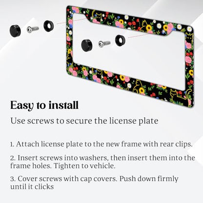 2 Pack License Plate Frames, Flower License Plate Cover, Universal US Stainless Steel License Plate Holder with Screws for Women Men - color: Flower & Cat