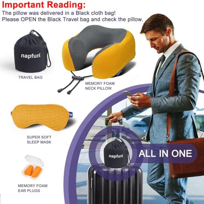 napfun Neck Pillow for Travel with Travel Pouch, Sleep Mask & Earplugs, Memory Foam Airplane Pillow for Headrest Sleep with Eyeshades, Plane Essentials with Eye Blindfold, Yellow Striped Kit - color: Yellow Striped Kit