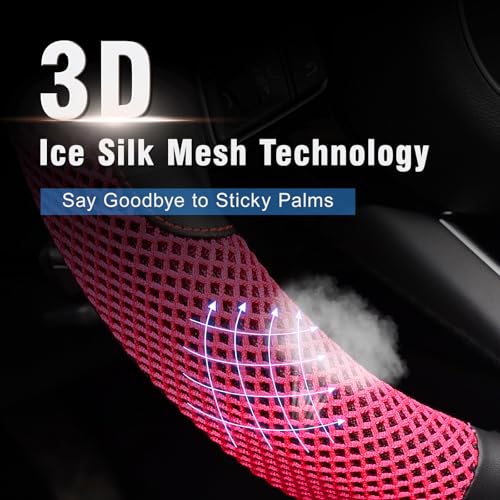 KAFEEK 15 inch Steering Wheel Cover, Cooling Ice Silk Mesh with Microfiber Leather, Heat Resistant, Breathable, Anti-Slip, Summer Cool, Universal Fit, Black & Red - color: red, size: Standard Size[14.5"-15"]