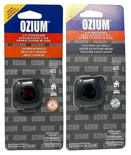 Ozium Membrane Car Vent Clip AC Air Fresheners Car Air Freshener and Car Odor Eliminator (Caribbean Breeze + That New Car Smell, 2 Packs Combo Kit) - size: 1 Count (Pack of 2)