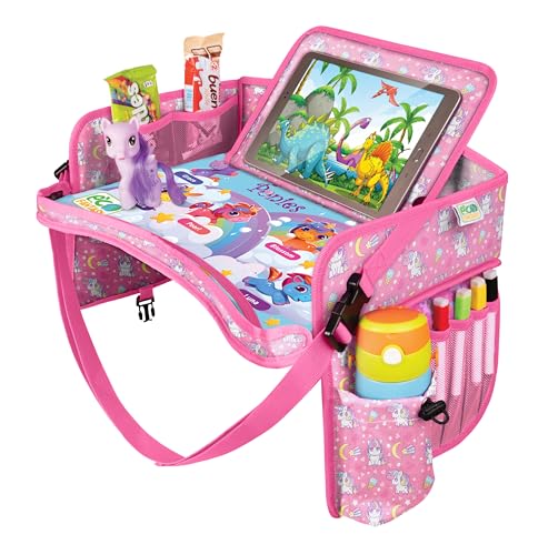Kids Travel Tray - Waterproof Lap Table with No-Drop Large Tablet Holder - Car Seat Tray - Road Trip Essentials Kids - Car Desk Organizer for Airplane - Toddler Travel Essentials (UNICORN) - color: UNICORN