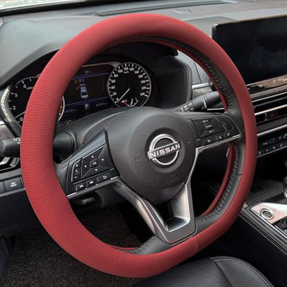 PINCTROT D Shaped Nappa Leather Steering Wheel Cover, Slim Fit No Bulk Design, One Piece Leather with Breathable Perforation, Fit Like Gloves, Flat Bottom 14.5-15 Inch(Nappa Rust Red) - color: 02.Rust Red, size: D Shaped/Flat Bottom[14 1/2''-15'']