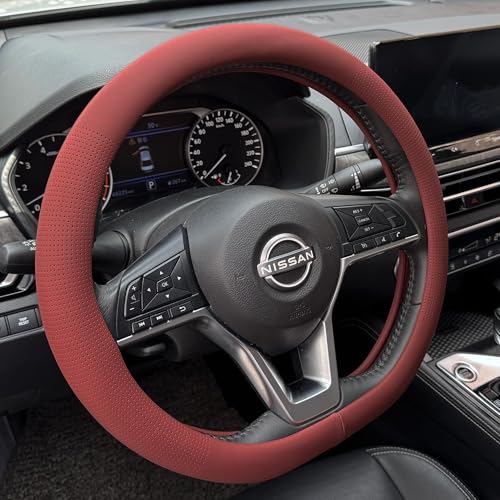 PINCTROT D Shaped Nappa Leather Steering Wheel Cover, Slim Fit No Bulk Design, One Piece Leather with Breathable Perforation, Fit Like Gloves, Flat Bottom 14.5-15 Inch(Nappa Rust Red) - color: 02.Rust Red, size: D Shaped/Flat Bottom[14 1/2''-15'']