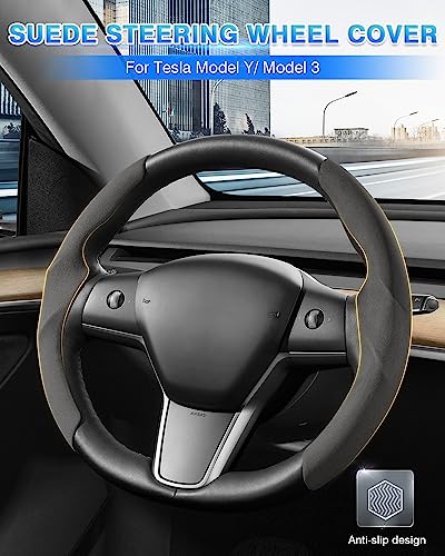 Shademax Custom-Fit for Tesla Steering Wheel Cover, Tesla Model Y / 3 2017-2025 2026 (Fit Model Y Juniper 2026/ Model 3 Highland) Suede Steering Wheel Cover Protector Model Y/ 3 Accessories (Gray) - color: Gray