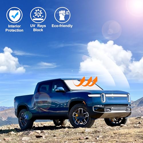 Windshield Sun Shade Custom Fit for 2022 2023 2024 2025 2026 Rivian R1T Accessories Foldable Sunshade Sun Blocker Protect Car from Sun Rays & Heat Damage Keep Car Cooler - size: Fit Rivian R1t 2022-2026