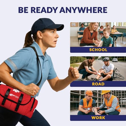 MFASCO Emergency Response GO First Aid Bag - 160 Pcs EMT Trauma Kit, First Responder Medical Bag, Deluxe Stocked Kit with Tourniquet, Sprague Stethoscope, Pressure & Bleeding Control Dressings