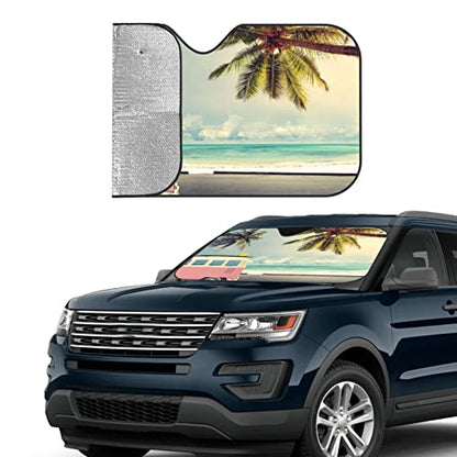 Beach Car Windshield Sunshade Foldable Sun Visor Front Window Sun Shade Cover For Car Truck Suv 55x29.9 Inches - color: Beach Car