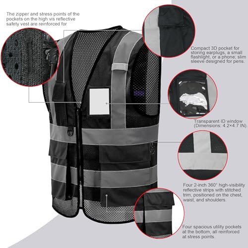High Vis Safety Vest Reflective Strips, Multi-Pocket Design, Available in Yellow,Orange,black,Pink,blue,Red,purple - color: Black, size: Medium