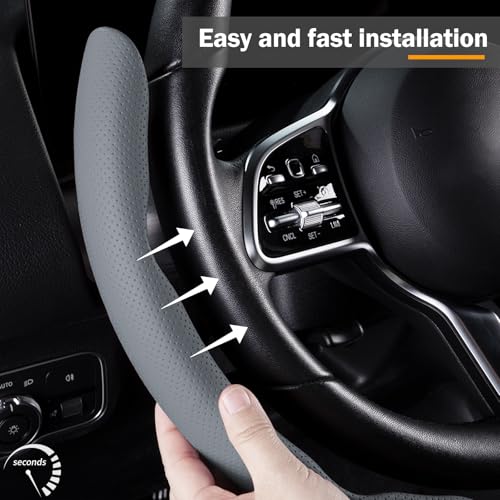 Car Steering Wheel Cover Leather Snap On 3Pcs Set Non-Slip Protector Wrap Steering Wheel Accessories 14.5-15 inch Universal Gray - color: Gray