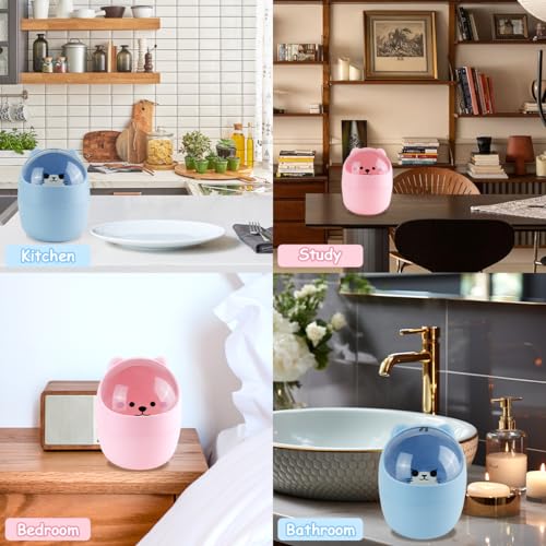 Mini Trash Can, Cute Small Trash Can with Lid, Desktop Paper Bin with 5 Rolls of Bin Liners, Portable Tabletop Dustbin, Cartoon Animal Rubbish Storage for Kitchen(Blue) - color: Blue