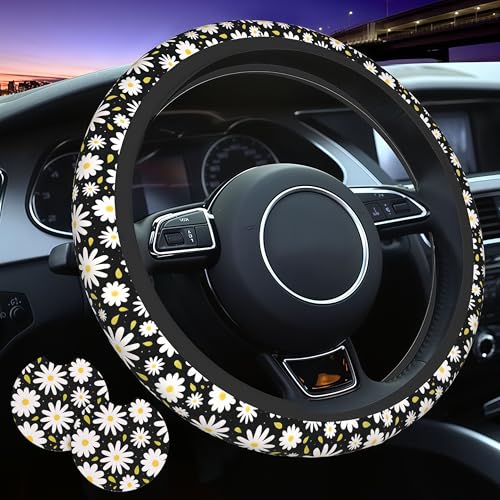 Beautiful Daisy Steering Wheel Cover Cute Daisy Steering Wheel Cover Floral Breathable Universal for 15 Inch Anti-Slip Car with 2 Pieces Car Coasters Suitable for Men Women Daisys - color: Beautiful Daisy
